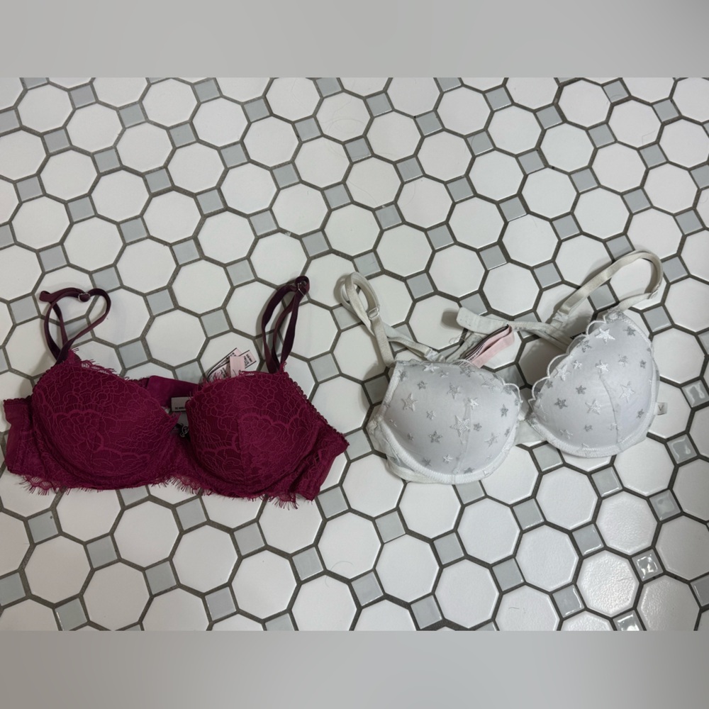 Victoria's Secret Burgundy Lace and White Star Bra Set